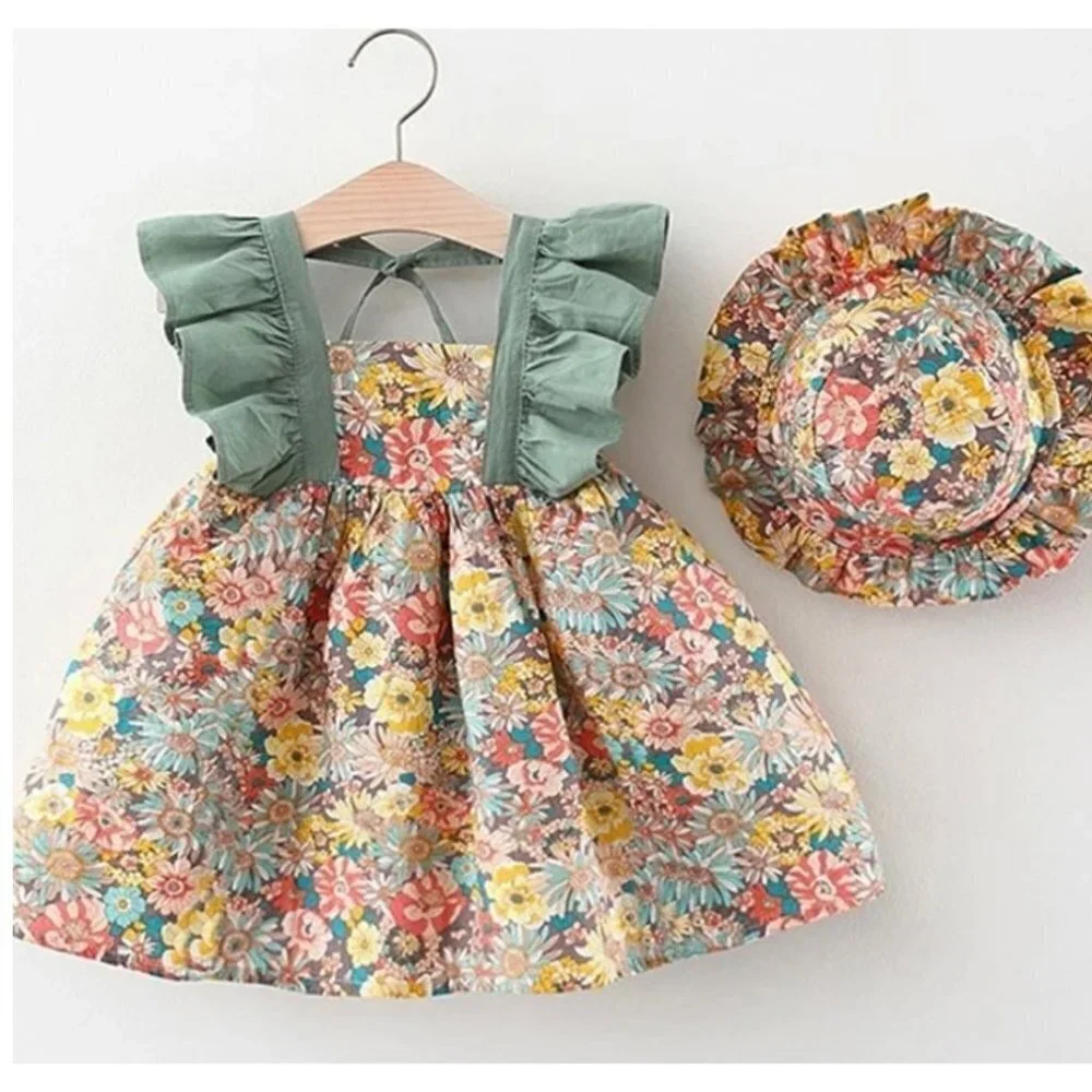 2T Floral Ruffled Cotton Little Girl Dress & Hat